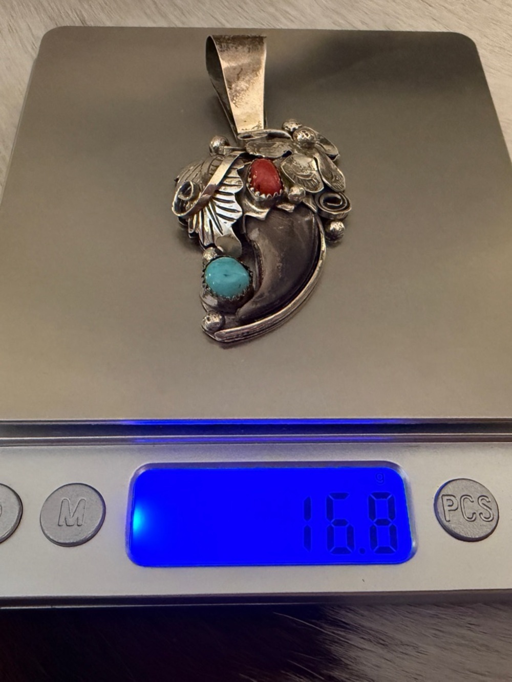 ❤️ Signed Navajo Jerry Thompson Kingman Turquoise Coral Bear Claw Pendant 925 - Picture 11 of 14